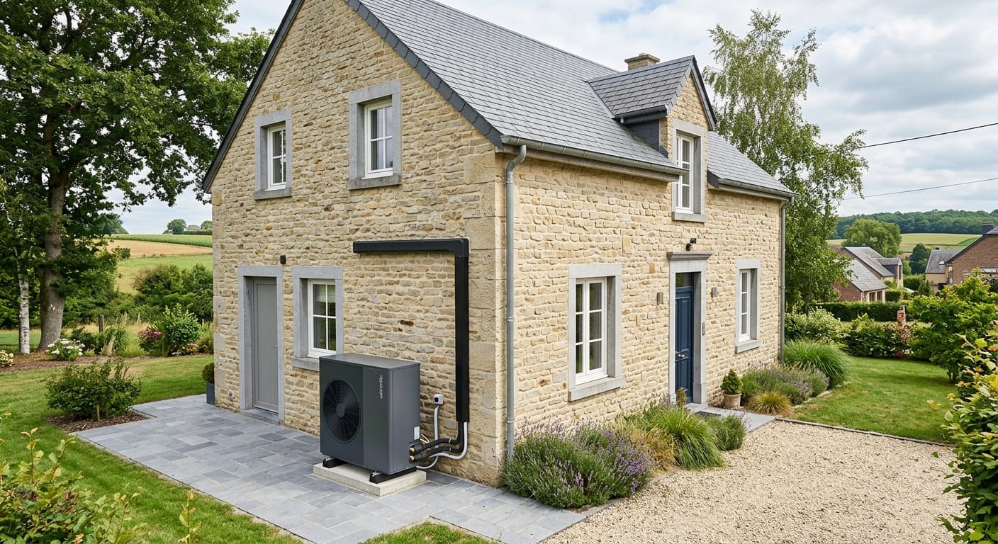 Maison unifamiliale en Wallonie avec une pompe à chaleur moderne installée proprement à l'extérieur
